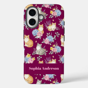 Persoonlijke naam waterverfkatten en bloemen  iPhone 16 hoesje