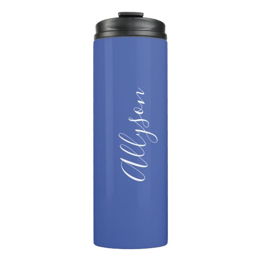 Persoonlijke naam witte script verticaal, med blau thermosbeker (Voorkant)