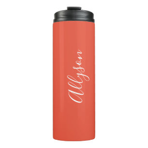 Persoonlijke naam witte script verticaal, oranje r thermosbeker
