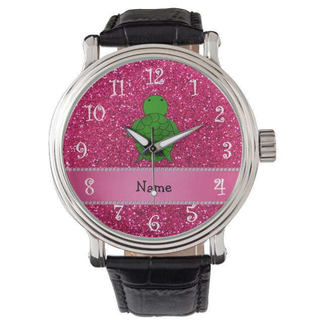 Persoonlijke naam zee schildpad roze glitter horloge (Voorkant)