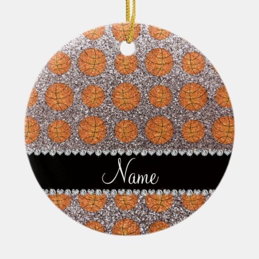 Persoonlijke naam zilveren glitterbasketballen keramisch ornament (Voorkant)
