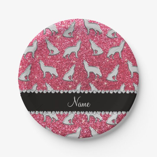 Persoonlijke naam zilverwolf fuchsia roze glitter papieren bordje (Voorkant)