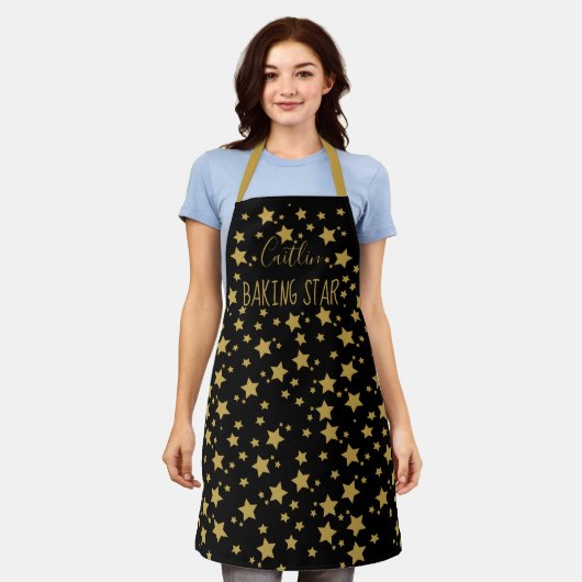 Persoonlijke naam zwart en Gold Star Baker Apron Schort (Gedragen)