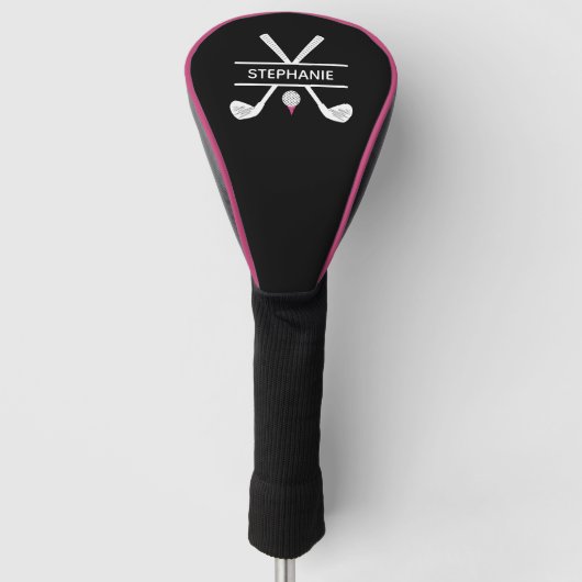 Persoonlijke naam zwart wit roze golfheadcover (Voorkant)