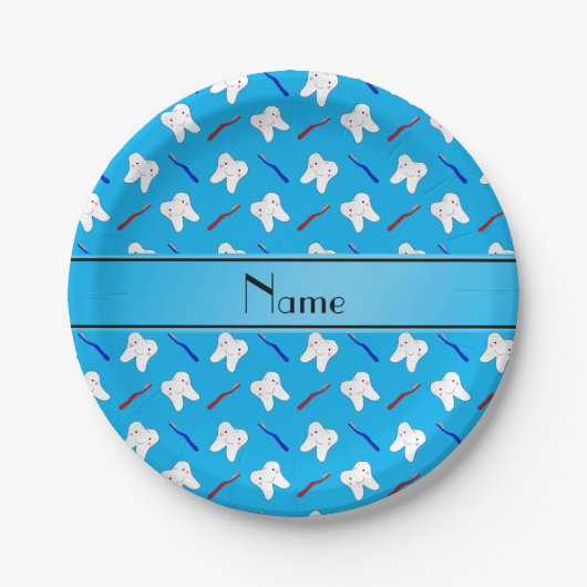 Persoonlijke naamblauwe borstels en tandenpatroon papieren bordje (Voorkant)