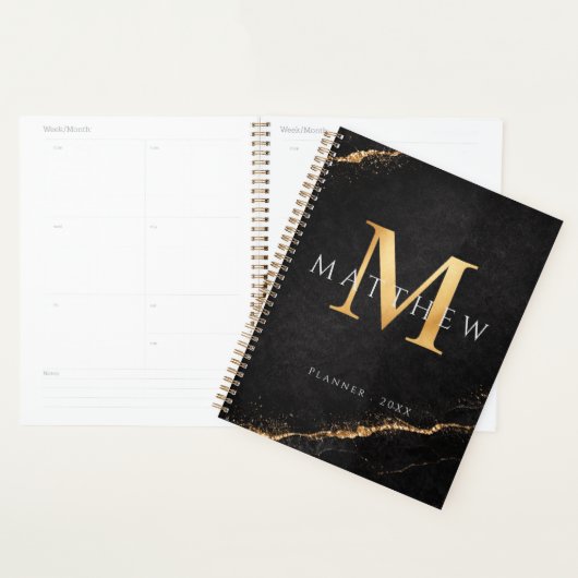 Persoonlijke naammonogram gouden zwarte planner (Display)