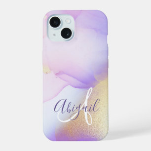 Persoonlijke naammonogram paarse waterverf luxe iPhone 15 case