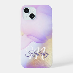 Persoonlijke naammonogram paarse waterverf luxe iPhone 15 case