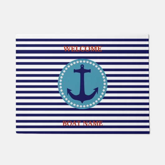 Persoonlijke Naamse Stripe Blauwe Welkom Boot Naam Deurmat (Voorkant)