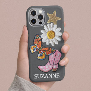 Persoonlijke namaak patches roze westernlaars iPhone 16 plus hoesje