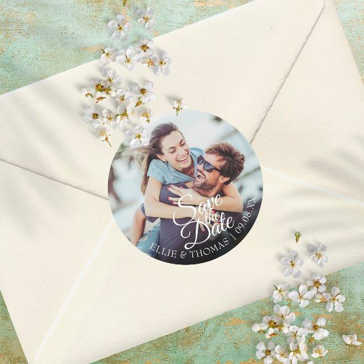 Persoonlijke Namen Foto Script Save the Date Ronde Sticker