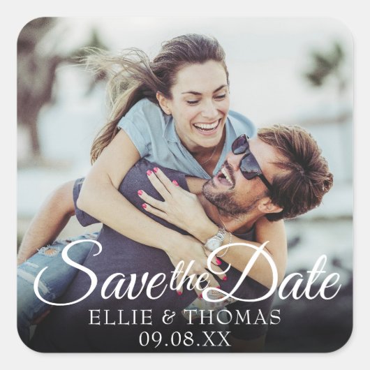 Persoonlijke Namen Foto Script Save the Date Vierkante Sticker (Voorkant)