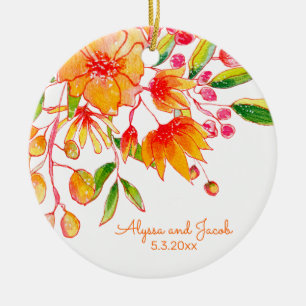 Persoonlijke namen oranje bloemige trouwdatum keramisch ornament