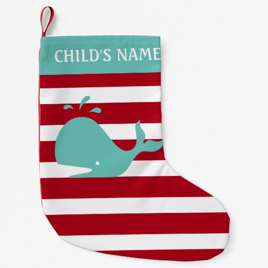 Persoonlijke Nautical Red Striped Mint Whale Kinde Kleine Kerstsok (Voorkant)