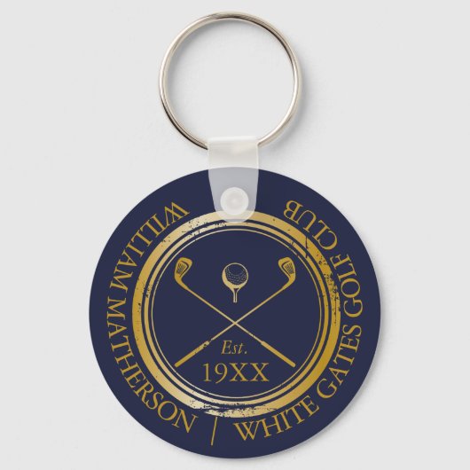 Persoonlijke Navy Blauwe En Gouden Golfclub Naam Sleutelhanger (Voorkant)