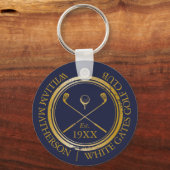 Persoonlijke Navy Blauwe En Gouden Golfclub Naam Sleutelhanger (Voorkant)