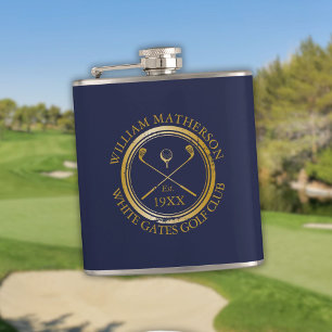 Persoonlijke Navy Blauwe En Gouden Golfclubnaam Heupfles
