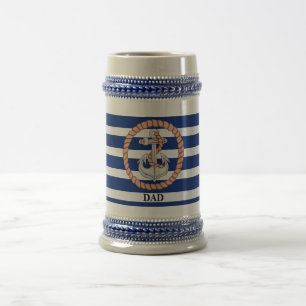 Persoonlijke Navy Blauwe Gestreepte Anker 1 Stein Bierpul