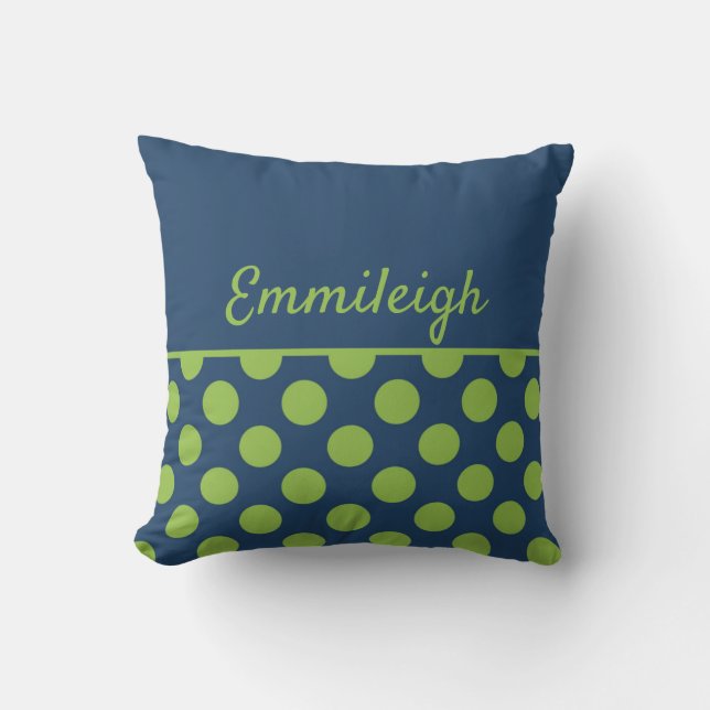 Persoonlijke Navy Blauwe Limegroene Stippen Kussen (Voorkant)