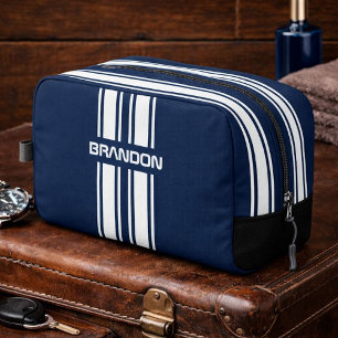 Persoonlijke Navy Blauwe Witte Racing Streep Reis Toilettasje