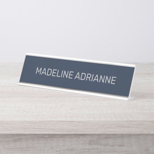 Persoonlijke Navy & Zilveren Moderne Bureaunamepla Bureau Naambordje (Voorkant)