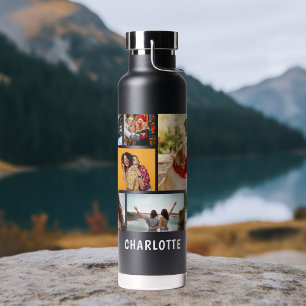Persoonlijke negen-foto naamcollage cadeau waterfles