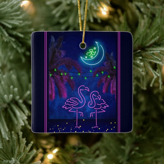 Persoonlijke Neon Flamingo Couple Beach Kerstmis Keramisch Ornament (Boom)