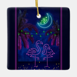 Persoonlijke Neon Flamingo Couple Beach Kerstmis Keramisch Ornament