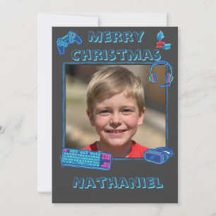 Persoonlijke Neon Gamer Foto Platte Kerstmis  Feestdagenkaart