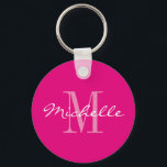 Persoonlijke neon roze monogram knop sleutelhanger<br><div class="desc">Neonroze en witte naammonogram ronde knop sleutelhanger. Klasse script typografie en aangepaste achtergrondkleur. Elegant sleutelhangerontwerp voor vrouwen en meisjes. Gepersonaliseerd met uw eigen unieke naam initiaal letter. Schattig huwelijksfeest cadeautje of verjaardagscadeau idee. Ook leuk voor bruidsuitnodiging, reünie, vrijgezellenfeest, meidenavakantie etc.</div>
