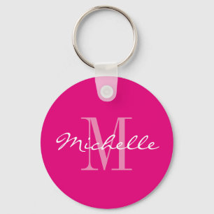 Persoonlijke neon roze monogram knop sleutelhanger