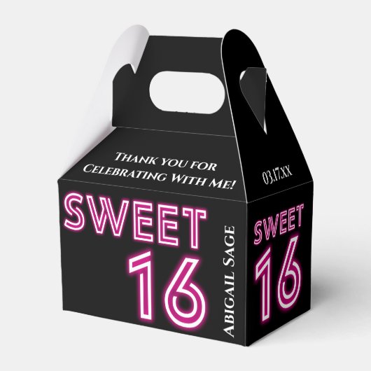 Persoonlijke neon Sweet Sixteen Hot Pink, zwart Bedankdoosjes (Achterkant)