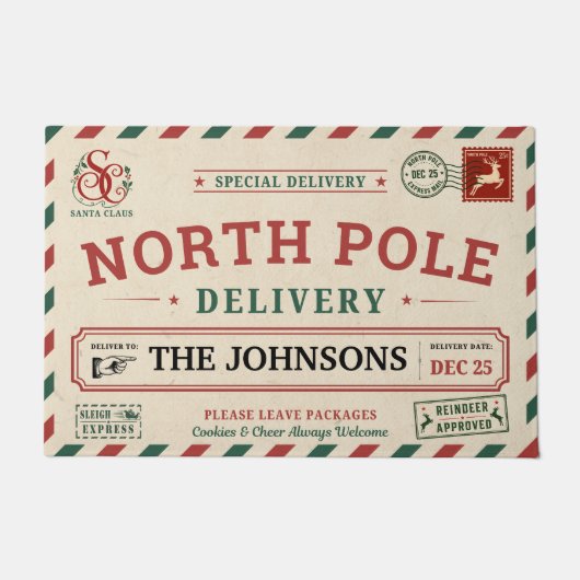 Persoonlijke North Pole Special Delivery Kerst Deurmat (Voorkant)