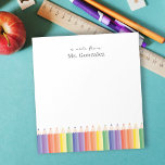 Persoonlijke notitie van Rainbow Teacher Notitiebl Notitieblok<br><div class="desc">Als u op zoek bent naar een handig lerarengeschenk, is dit gepersonaliseerde notitie van Rainbow Teacher Notitieblok een leuke aanvulling op haar lerarenbriefpapier. De kleurrijke regenboogpotloden geven de perfecte touch voor haar bureaudecor. Je kunt dit regenboog notitieblok personaliseren voor de lerarenweek of een kerstcadeau, een klein cadeautje voor de leerkracht...</div>