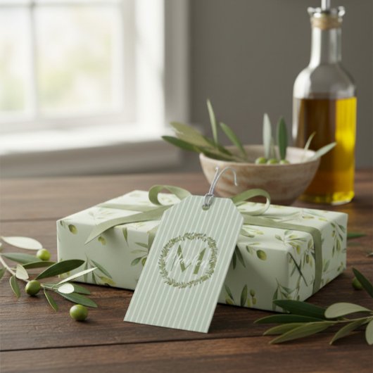 Persoonlijke olijfkrans monogram cadeaulabel