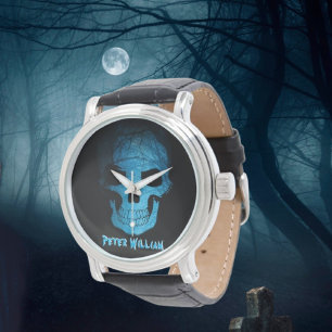 Persoonlijke onstuimige blauw nachtschedel horloge