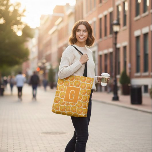 Persoonlijke Oranje Citrus Monogram Tote Bag