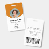 Persoonlijke oranje foto, logo, barcode werknemer badge (Voor- en achterkant)