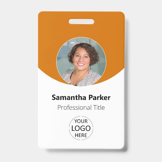 Persoonlijke oranje foto, logo, barcode werknemer badge (Voorzijde)