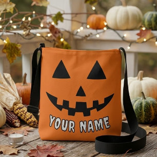 Persoonlijke Oranje Pompoen Halloween Uw Naam Crossbody Tas