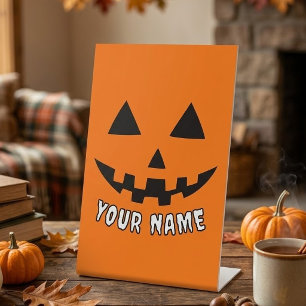 Persoonlijke Oranje Pompoen Halloween Uw Naam Reclamebord Met Voetstuk