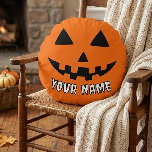 Persoonlijke Oranje Pompoen Halloween Uw Naam Rond Kussen