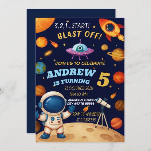 Persoonlijke Outer Space Galaxy Blast Off verjaard Kaart (Voorkant / Achterkant)