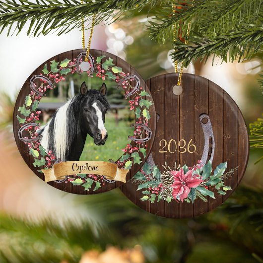 Persoonlijke Paardenfoto Rustieke Kerst Keramisch Ornament