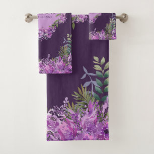 Persoonlijke paarse en aubergine bloemenset handdo bad handdoek