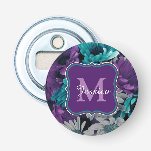Persoonlijke paarse en blauwe bloemensmash button flesopener (Voorkant)