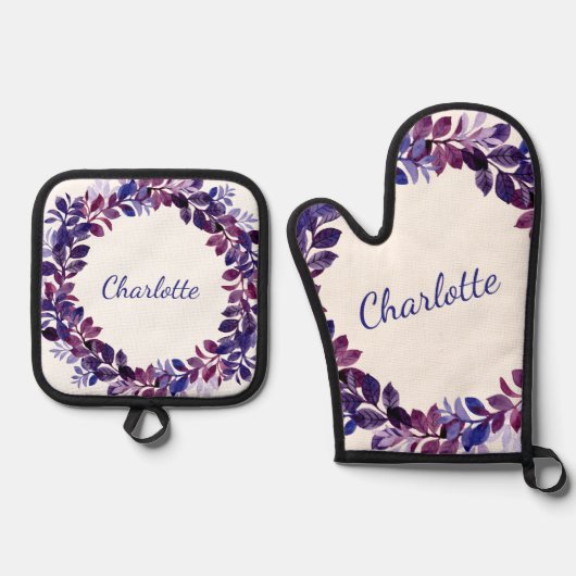 Persoonlijke Paarse Floral Bridal Party Favor Ovenwant & Pannenlap Set (Voorkant)