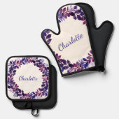 Persoonlijke Paarse Floral Bridal Party Favor Ovenwant & Pannenlap Set (Voorkant / Achterkant)
