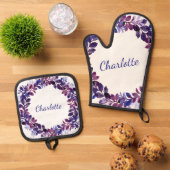 Persoonlijke Paarse Floral Bridal Party Favor Ovenwant & Pannenlap Set (Top down)