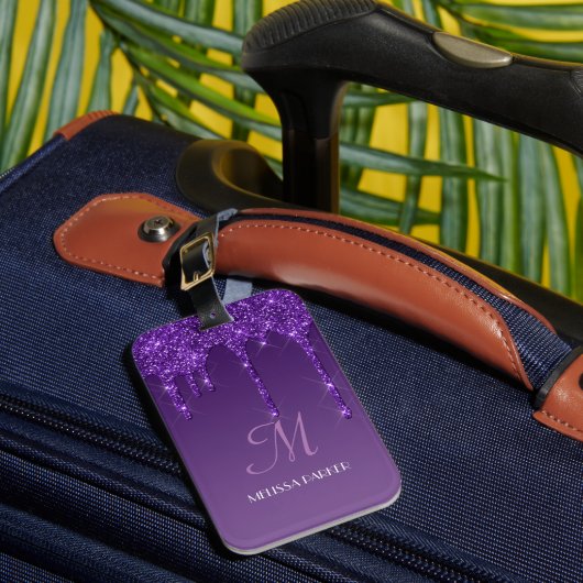 Persoonlijke Paarse Glitter Bagagelabel met Druip (Voorkant Insitu 1)